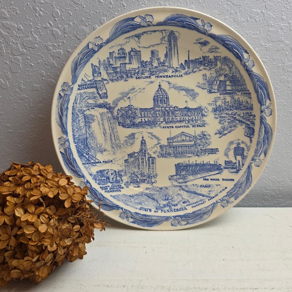 Vintage Vernon Kilns State of Minnesota‎ Scenic Blue White Collector Plate